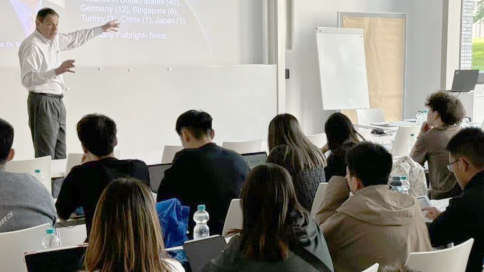 Barry Friedman teaches a class in the Heilbronn University School of Applied Sciences in Germany