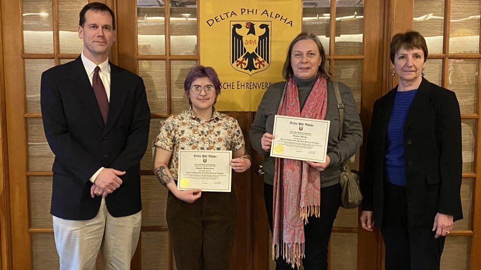 From left are modern languages and literatures faculty member Patrick Schultz, student honoree Charlie Richardson, staff honoree Daniela Mosko and modern languages and literatures faculty member Ana Djukic-Cocks.