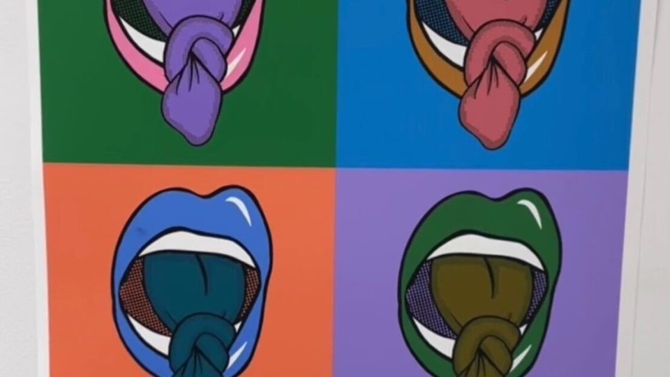 Image that shows four quadrants of tongues tied in knots in multiple colors