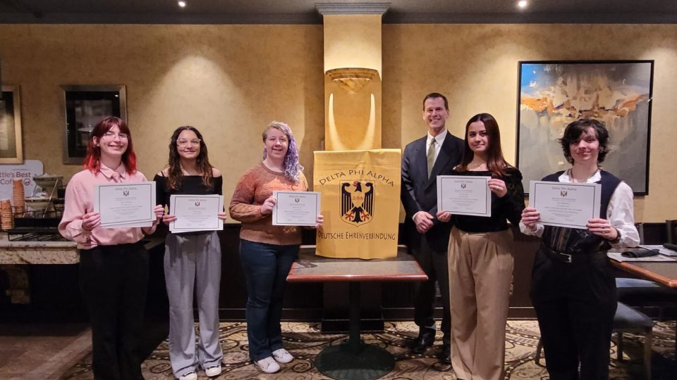 Students inducted into the SUNY Oswego chapter of Delta Phi Alpha, the National German Honor Society