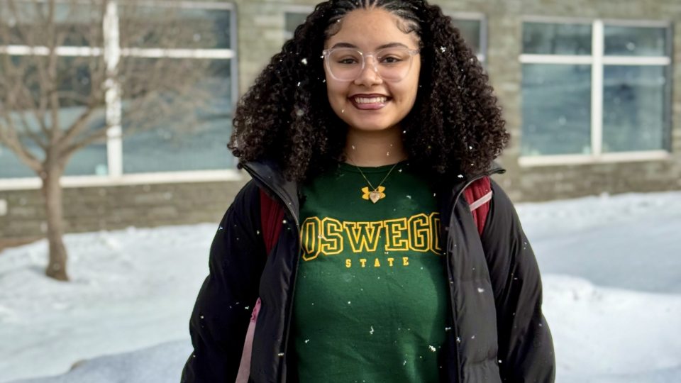 Oswego student Meenal Shojaian outside Marano Campus Center.