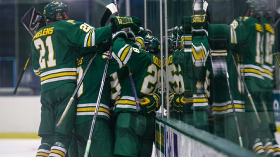 ACHA hockeys players in green jerseys with white and gold accents