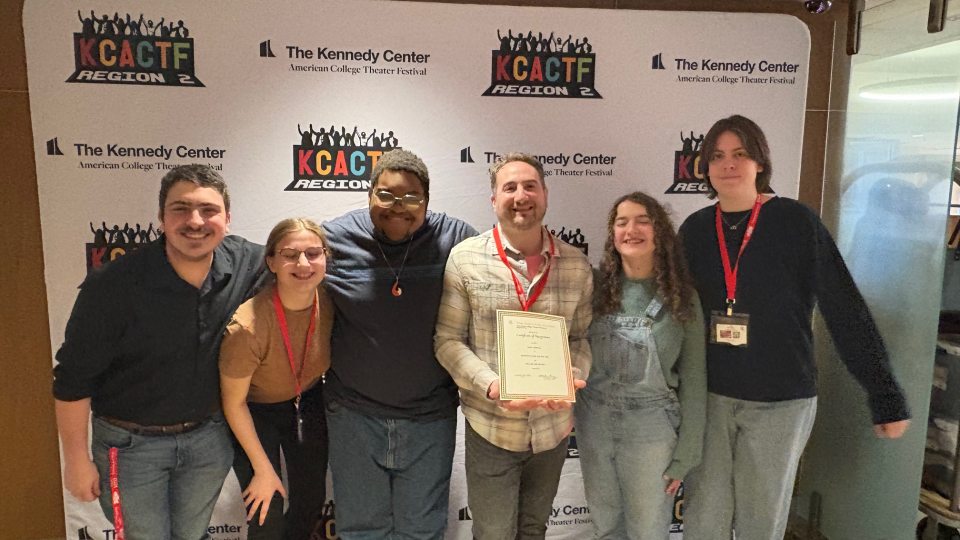 SUNY Oswego students and Oswego professor Steven Mazzocone at the 2025 Kennedy Center American College Theater Festival (KCACTF)