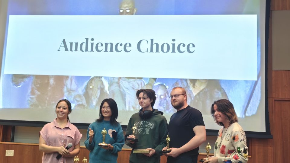 Nicholas Campbell and the rest of his group receive the audience choice award at Panic Film Festival.