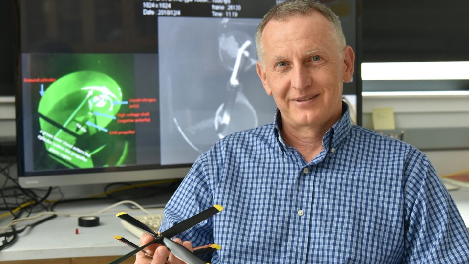 Adrian Ieta with rotors used in breakthrough in ionic wind technology