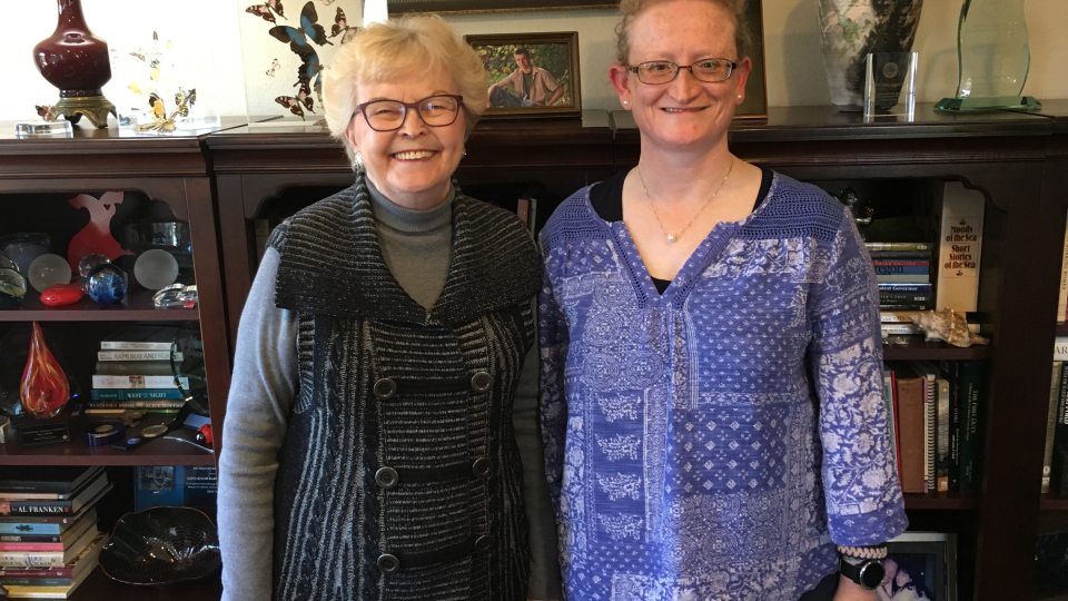 Author Helen Knowles, at right, with Barbara Roberts, the first female governor of Oregon and grandniece of Elsie Parrish, a key figure in her book