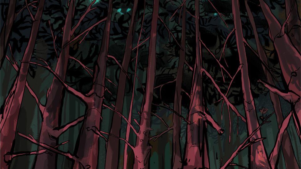 Image of artwork depicting bare trees