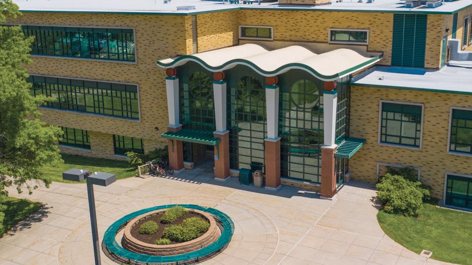Aerial view of Rich Hall, home of the SUNY Oswego School of Business