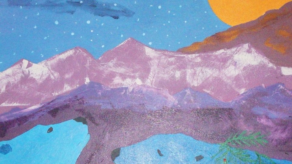 Painting showing a moon peeking over mountains