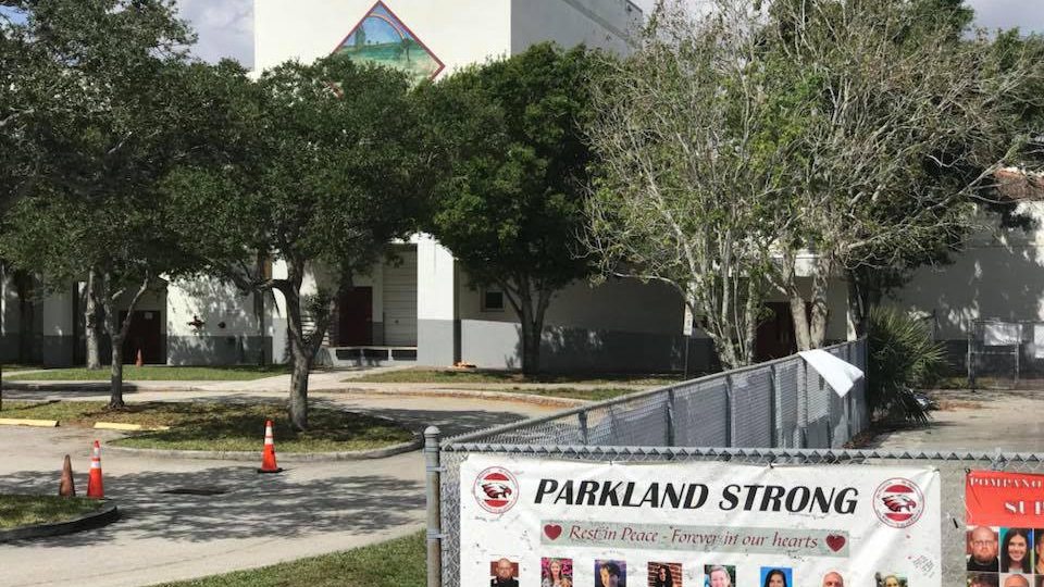 A memorial in front of Marjory Stoneman Douglas High School in Parkland, Florida