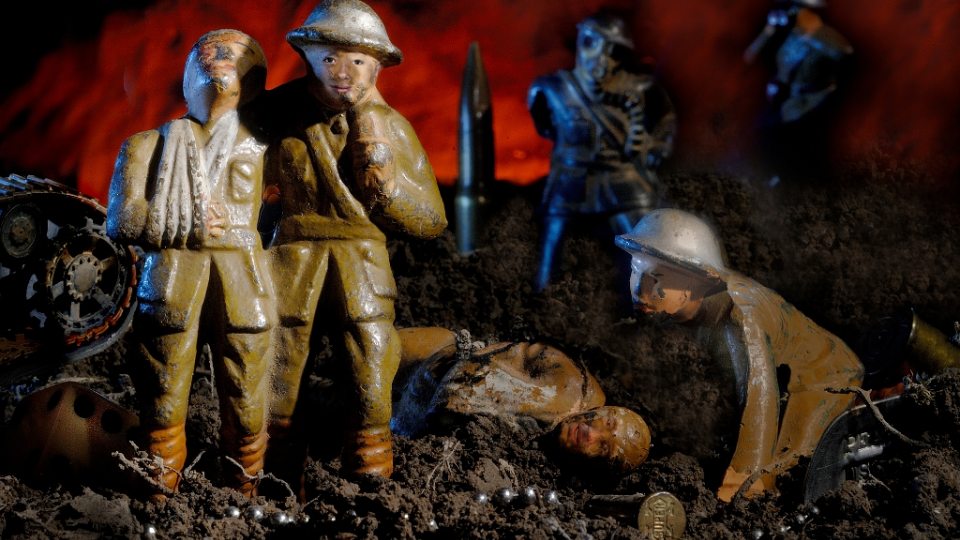 He Ain't Heavy shows toy soldiers recreating a battlefield scene