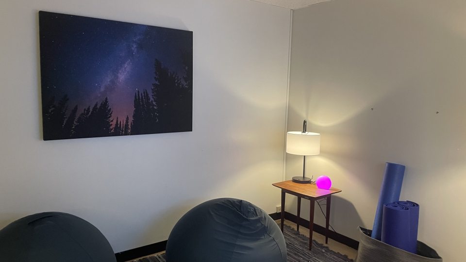 A view of the relaxing harmony room in Penfield Library