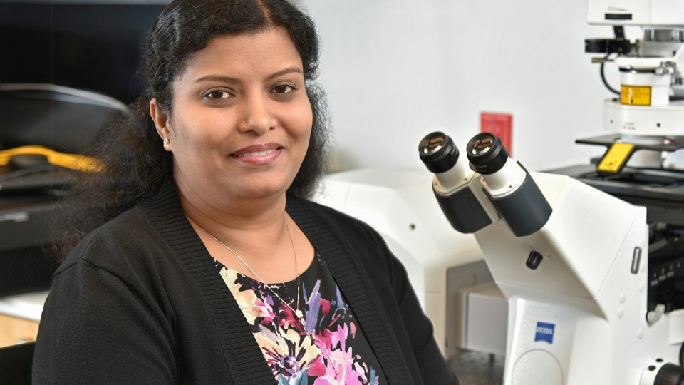 Poongodi Geetha-Loganathan, an award-winning member of biological sciences faculty, in a lab