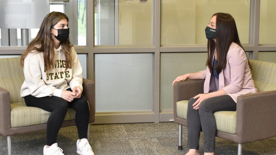 Student Alison Rushanova (left) recently had the opportunity to meet Taeko Kelly of the Office of Career Services, who served as a Quarantine Buddy earlier this semester.