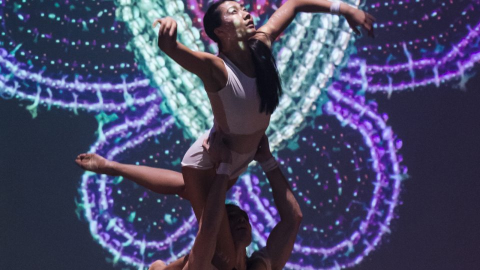 A dancer soars with a lighted backdrop in a Red Sky Performance piece