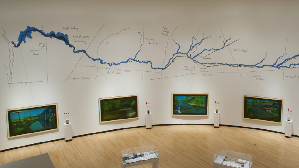 Wall map of a previous Alberto Rey exhibition connecting to waterways