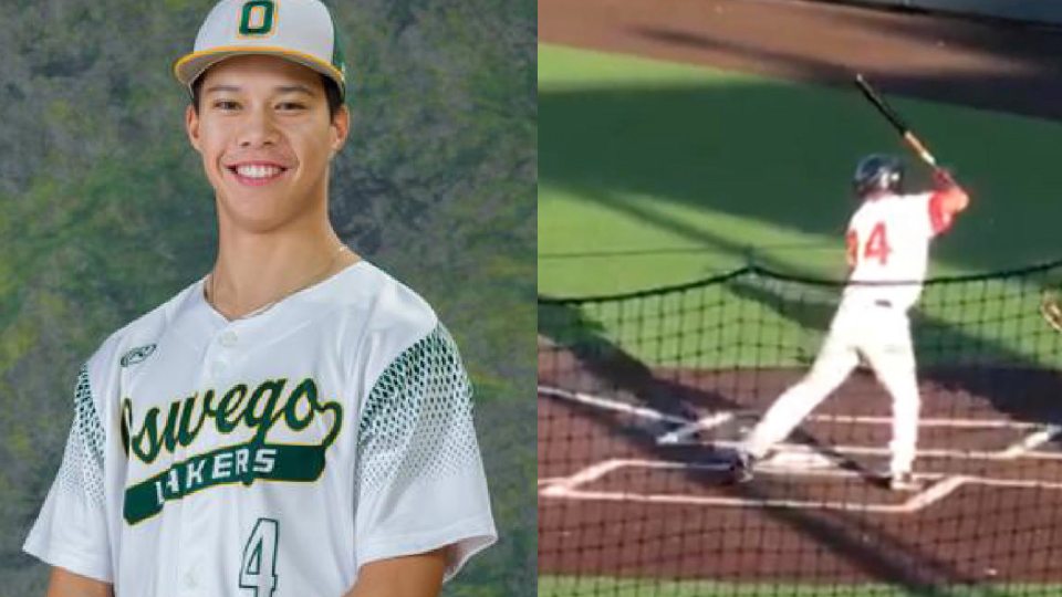 Two photos of Emil Sander: as a baseball player for Oswego State and for batting for the Auburn Doubledays