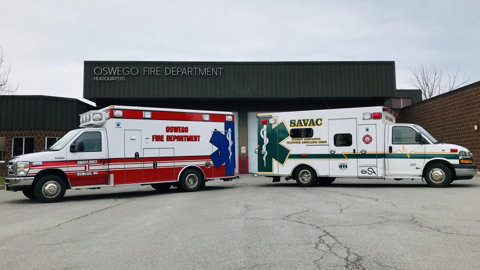 SAVAC ambulance with city ambulance at Oswego Fire Department