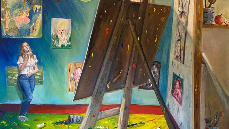 Blind, a painting by student Miranda Smith, shows a woman with a large easel in a room with paintings upon its walls