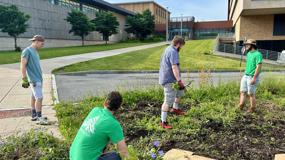 Students and staff members work in the Permaculture Learning Laboratory campus garden