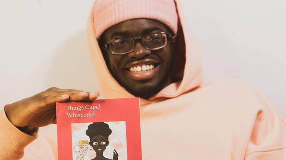 SUNY Oswego student Rickey Strachan wit his recent publication, a book of poetry titled “Things Cupid Whispered”
