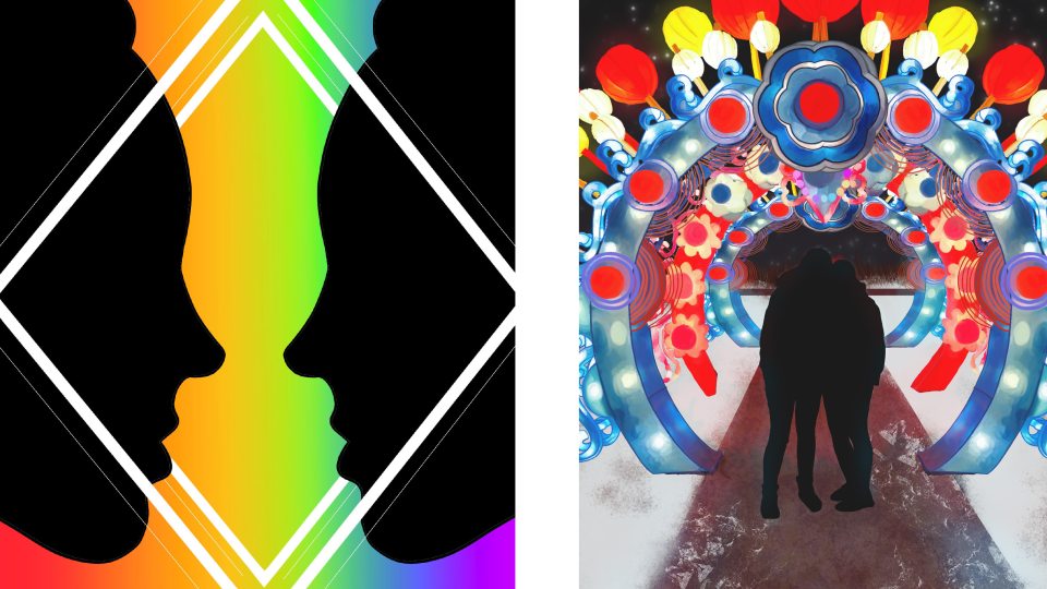 Artwork from two Oswego students -- Reflections on the left, Lanterns on the right -- that are part of SUNY Pride exhibition