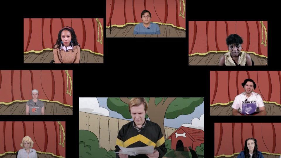 Character in virtual production of Dog Sees God gathered in a Zoom room with custom backgrounds