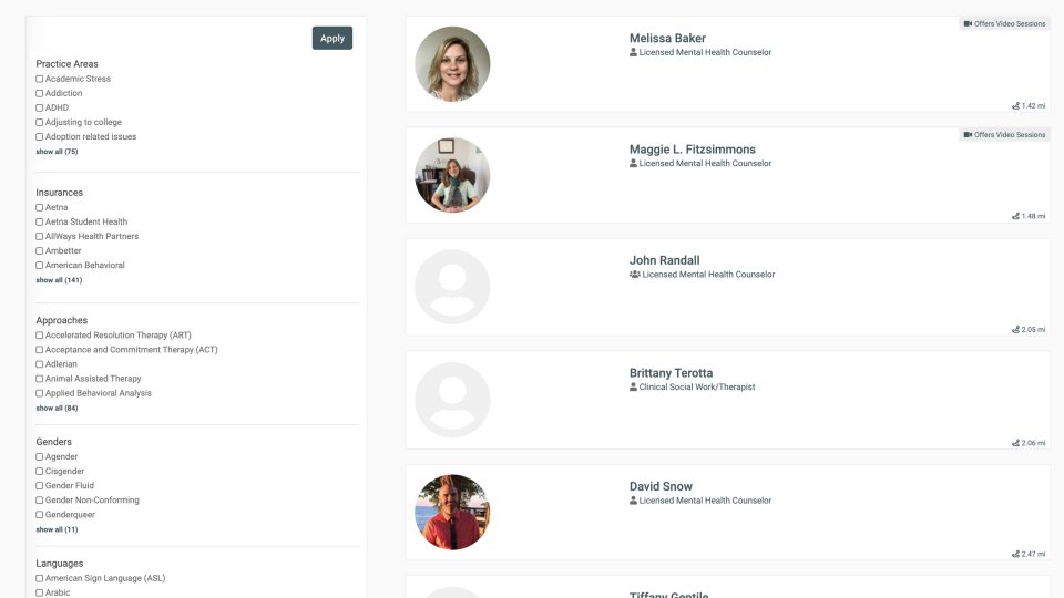 Screen capture of web application showing mental health services and partners