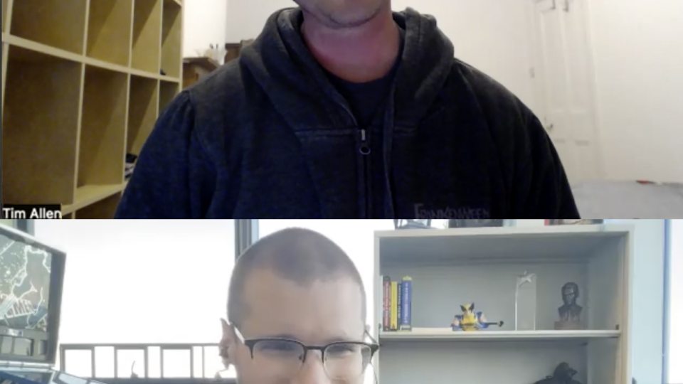 Animator Tim Allen, top, speaks with computer science faculty member and podcast host Ryan Zlomek