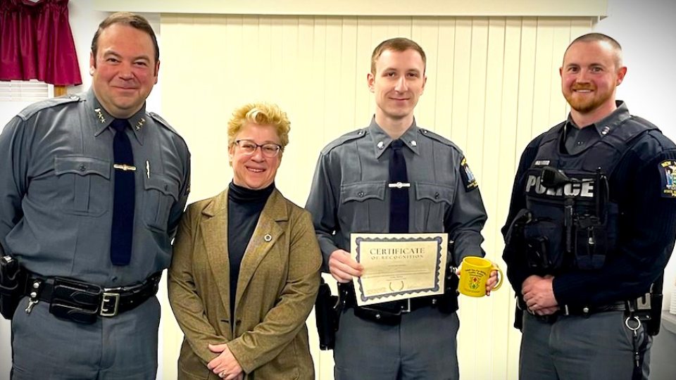 University Police Officer Daniel Geary recently earned the Traffic Safety Champion Award from the Oswego County Traffic Safety Board.