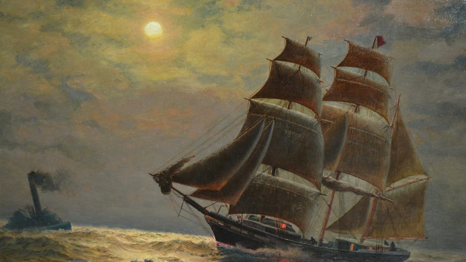 Painting by James Gale Tyler of a three-masted ship