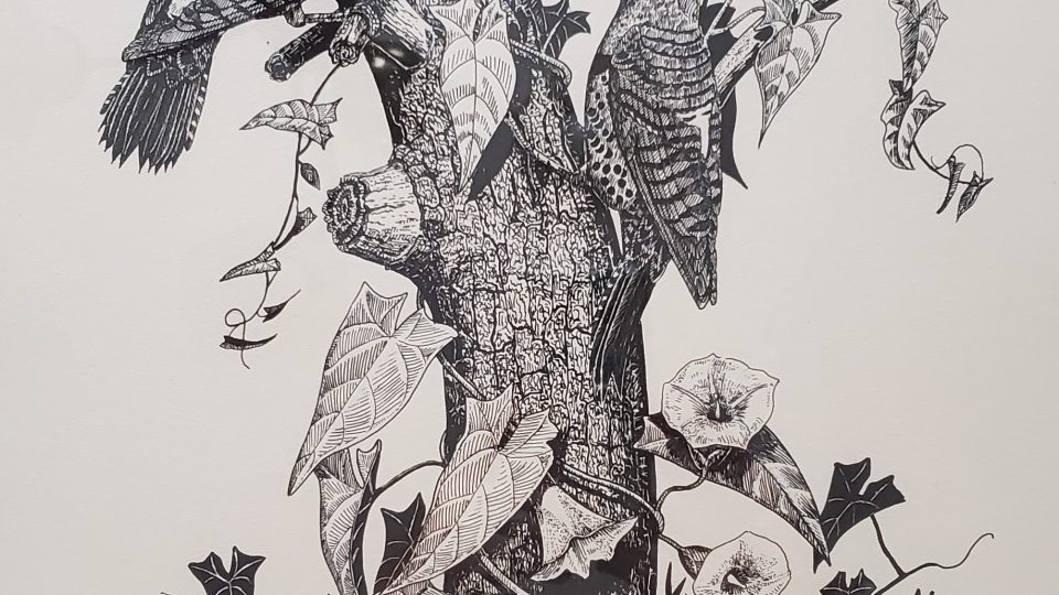 Black and white print by John Weeks showing birds perched upon a stump