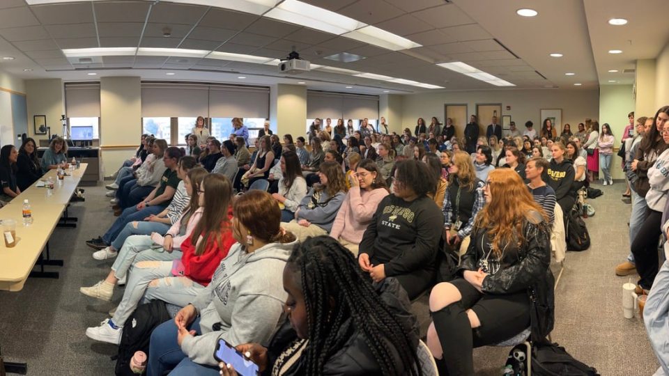 It was standing-room only for the Women of Impact panel in 201 Marano Campus Center