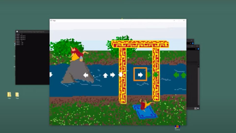 Screen capture of scene from Yoga video game, which won a hackathon award