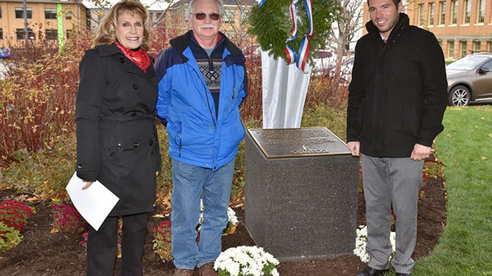 President Stanley, Oswego Town Supervisor Richard Kaulfuss, Oswego Mayor Billy Barlow at World War I plaque dedication
