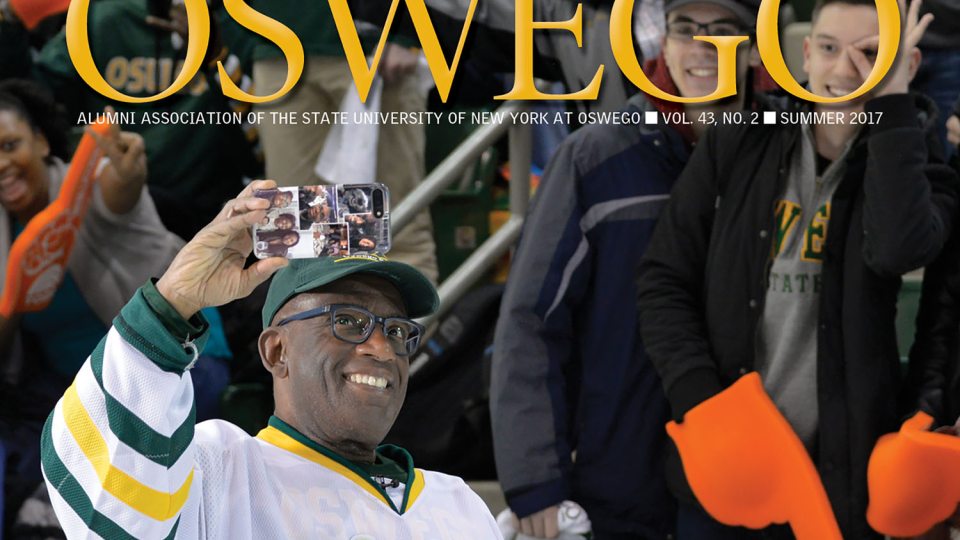 Summer 2017 SUNY Oswego alumni association magazine cover photo featuring alumnus Al Roker taking a selfie at Rokerthon 3