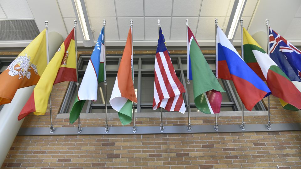 Some of the flags in the Flags of Nations display in the Marano Campus Center at SUNY Oswego