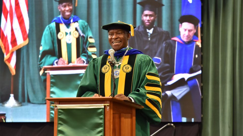 SUNY Oswego’s 11th President Peter O. Nwosu speaks about the institution’s past, present and exciting future during his Inauguration ceremony on Sept. 27.