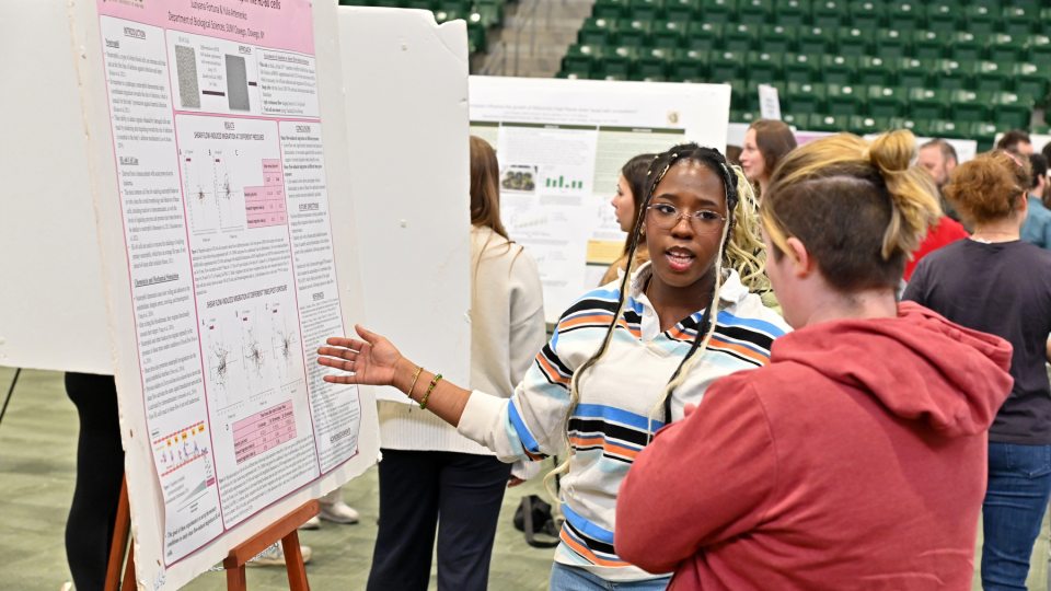 Biological sciences student Juziyana Fortuna talks about her "Testing shear flow responsiveness in Neutrophil-like HL-60 cells" during the April 23 Quest poster presentation session in the Deborah F. Stanley Arena and Convocation Hall.