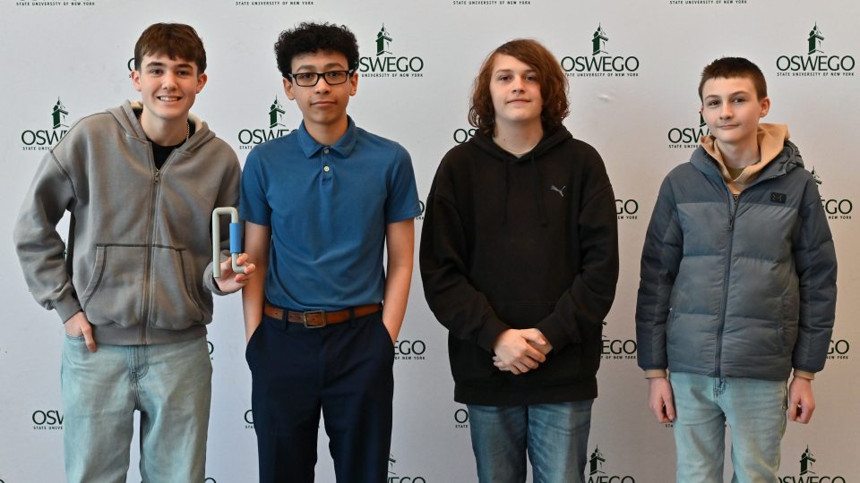 The Project Orion team won the first-ever Innovators Showcase at SUNY Oswego, a partnership between the university, CiTi BOCES’ P-TECH and Engineering Week sponsor Micron Technology. From left: Conner Falise, Wesley Elsner, Lucas Shaffner, Trenton Baker.