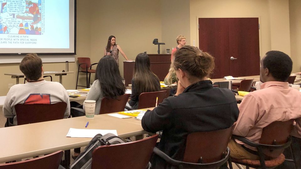 Kate Percival and Rebecca Mushtare lead an on-campus accessibility workshop