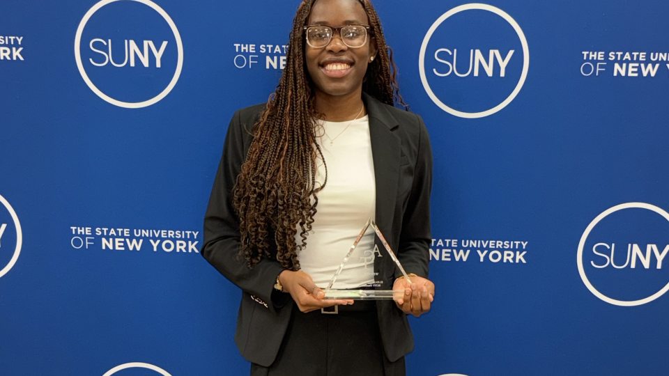 Outstanding continuing service for students throughout the SUNY system recently earned SUNY Oswego Student Association President Oghenetega Adjoh the ACT (Association of Council Members and College Trustees) Scholarship for Excellence + Student Initiative
