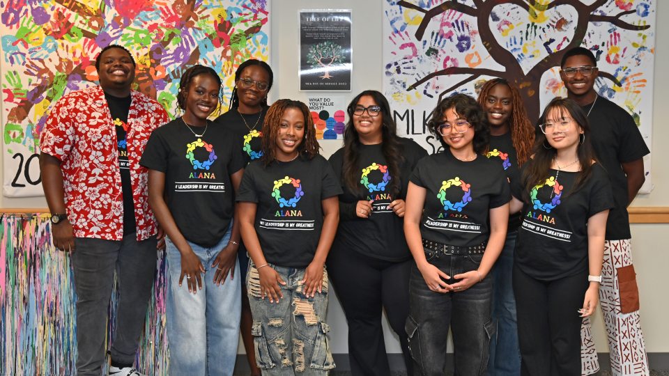 Dorren Allen-Carr (left), interim assistant director of Student Engagement and Leadership, with ALANA (African, Latino, Asian and Native American) Conference committee members in The Point.