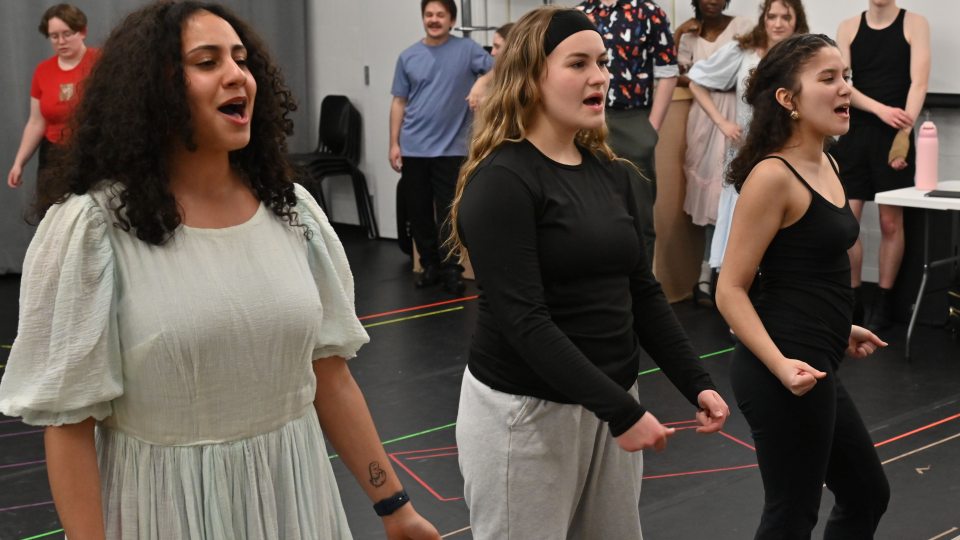 Cast members working on the upcoming SUNY Oswego production of "All Shook Up" include, from left, Chelli Lopez, Alexandra Hallam, Ariana Palmer and Faith Wilk