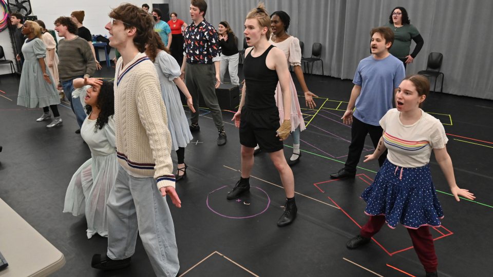 Students work on a musical number in an early rehearsal of "All Shook Up"