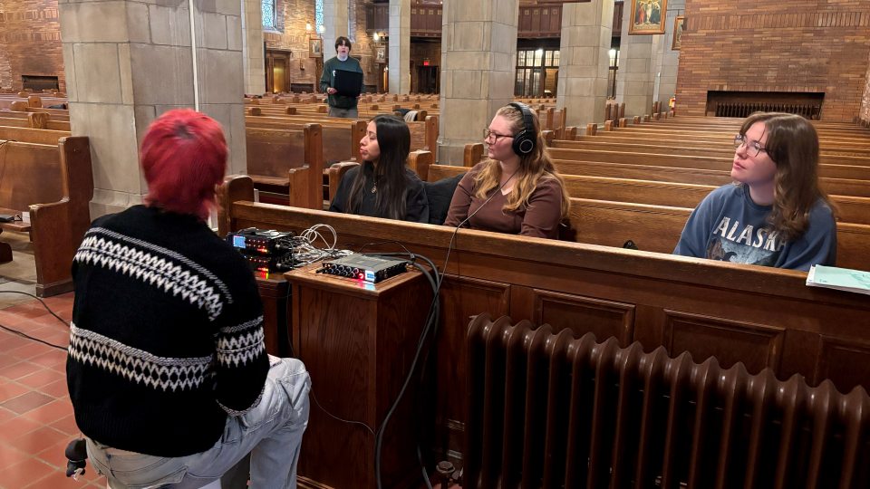 SUNY Oswego students recording Buffalo GirlChoir at St. Mary's Church in Oswego