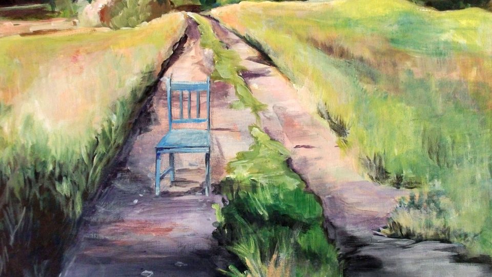 Painting showing ruts of a vehicle and a chair in a rural setting