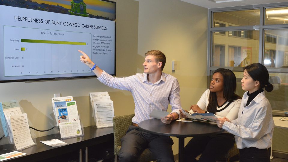 Students with flatscreen TV donated to career services
