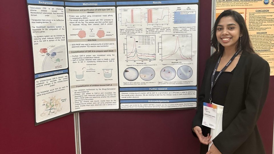 SUNY Oswego senior biochemistry major Fathima Raviya Careem shows off her research presentation at this year’s World Congress of Undergraduate Research in the U.K.
