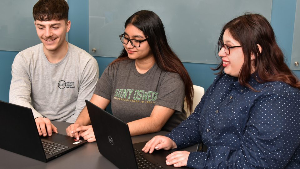 SUNY Oswego students -- from left, Paul Lomanto, Norun Tabassum and Angela Aldatz -- will help meet an initiative to increase FAFSA (Financial Aid Free Student Application) completion rates, thanks to support from SUNY and AmeriCorps.